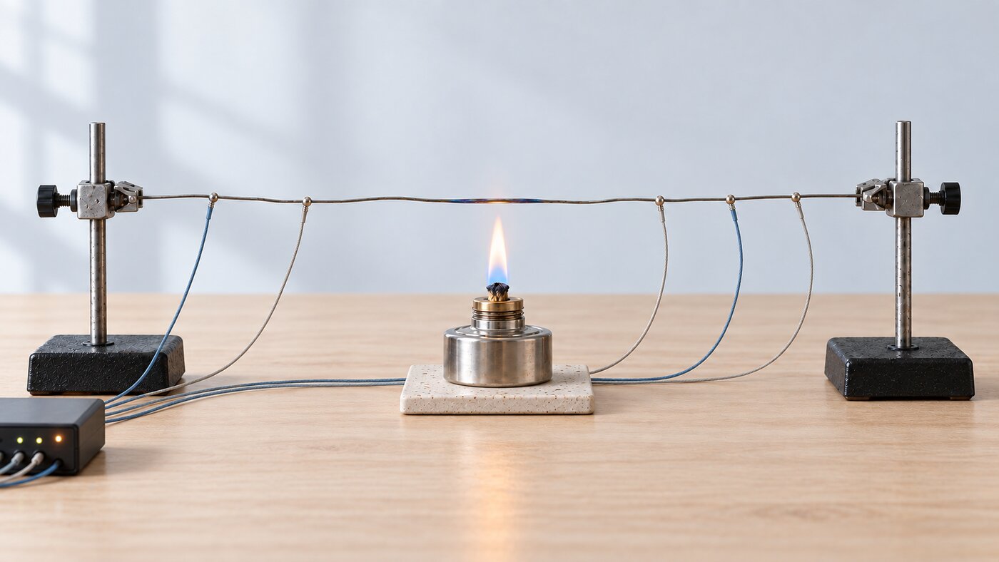 A thin rod heated by a burner, with thermocouples measuring its temperature at a few points.